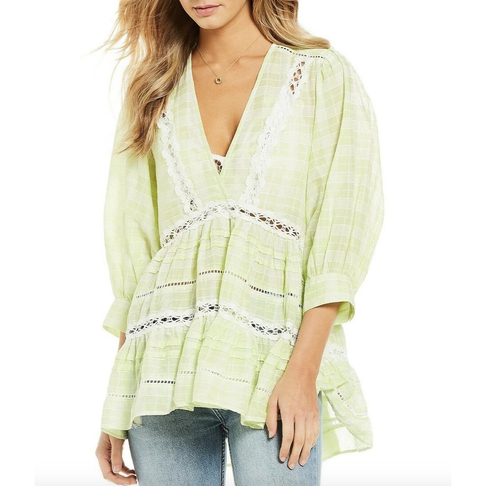 Free People Lime Green Time Out Plaid Crochet Lace Babydoll Tunicā Top Small